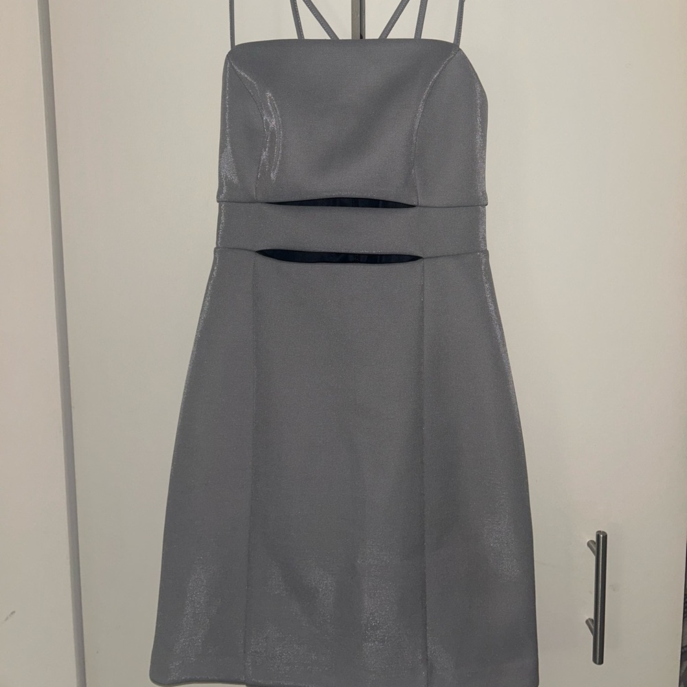 Grey sparkling BCBGeneration mini dress with midriff cutouts
